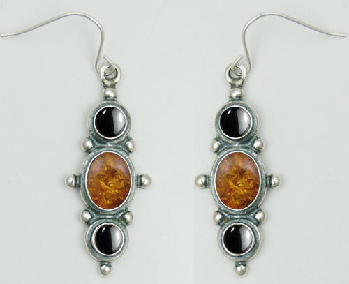 Sterling Silver Drop Dangle Earrings With Amber And Hematite